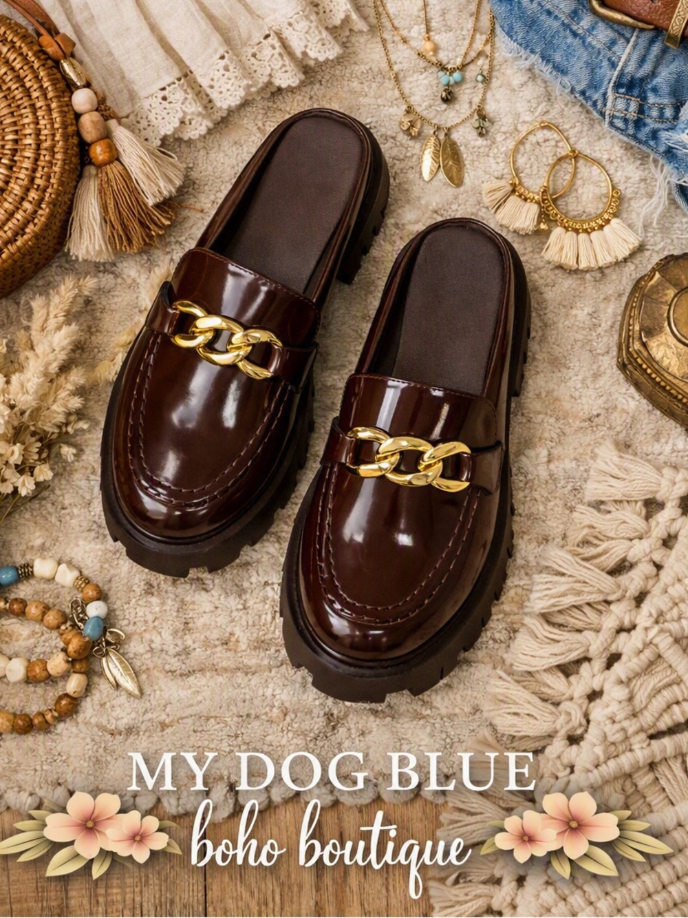 Dream Pairs Brown Patent Mule Loafers with Gold Chain
